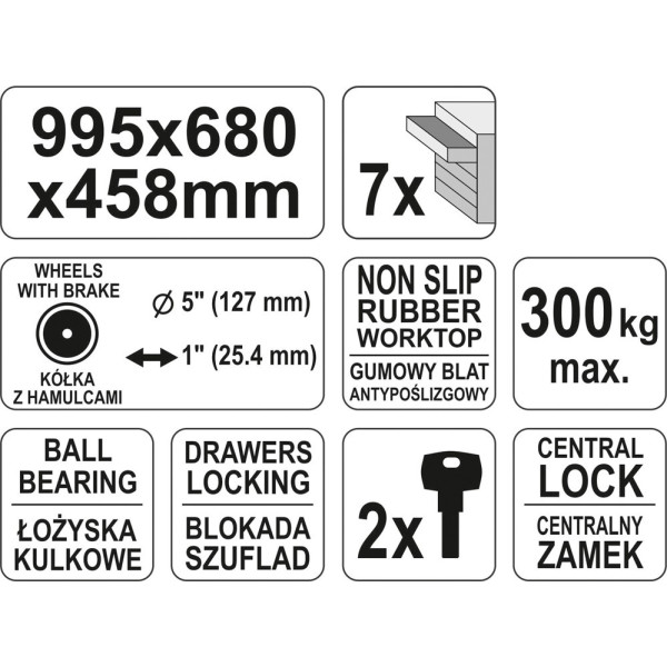 Шкаф-тележка для инструментов 995х680х458мм YATO, 7 ящиков YT-0914