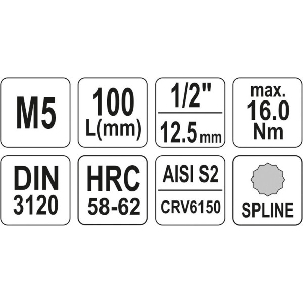 Головка торцевая 1/2" М5 - М17 длинная 100 мм с отверточной насадкой Spline YATO YT-04350