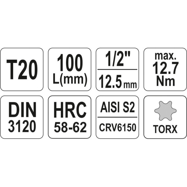 Головка торцевая 1/2" Т20 - Т70 длинная 100 мм с отверточной насадкой TORX YATO YT-04320