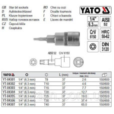 Головка торцевая 1/4" вставка TORX  Т8 - Т40  37мм YATO YT-04301
