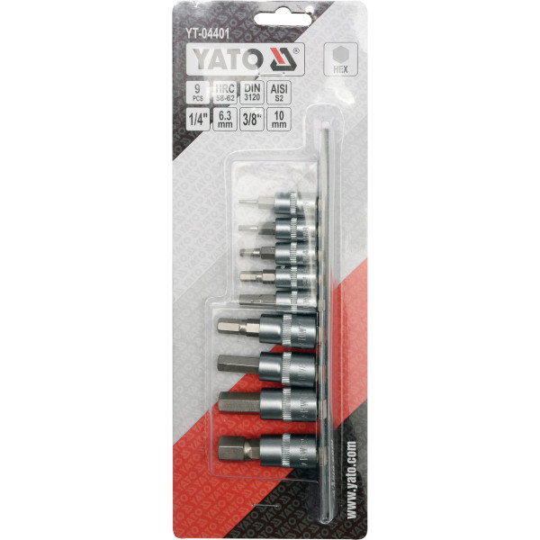 Набір торцевих головок 1/4" 3/8" з насадками "HEX" YATO, 9 передм. YT-04401