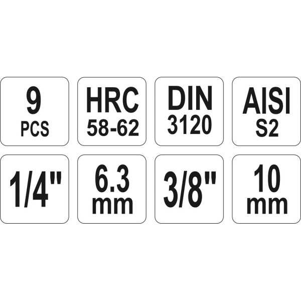 Набір торцевих головок 1/4" 3/8" з насадками "HEX" YATO, 9 передм. YT-04401