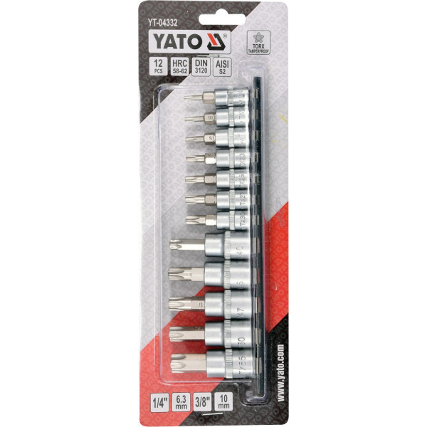 Набір головок торцевих 1/4" 3/8". з насадками "TORX TEMPERPROOF" YATO, 12 шт. YT-04332