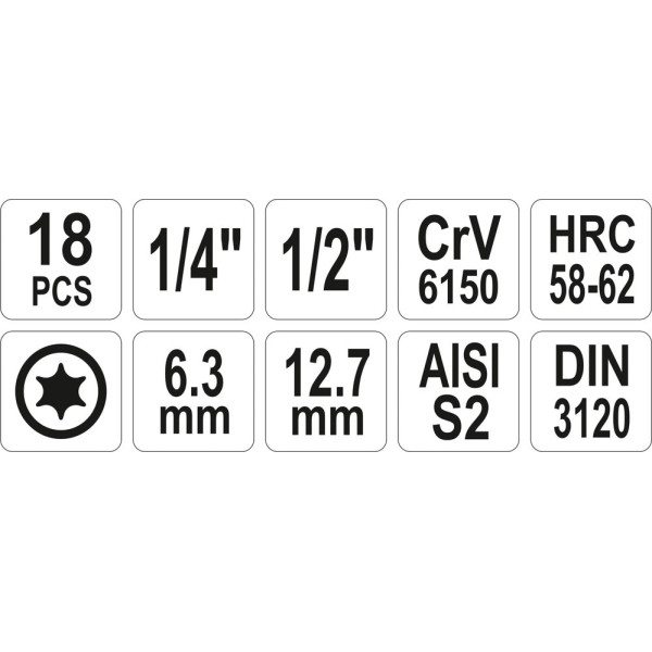 Набір головок торцевих 1/2" 1/4" "TORX" T10-T60 YATO, 18 шт. YT-7751
