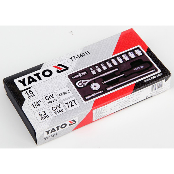 Набор головок торцевых 1/4" М4-13мм с инструментами YATO, 15 шт YT-14411