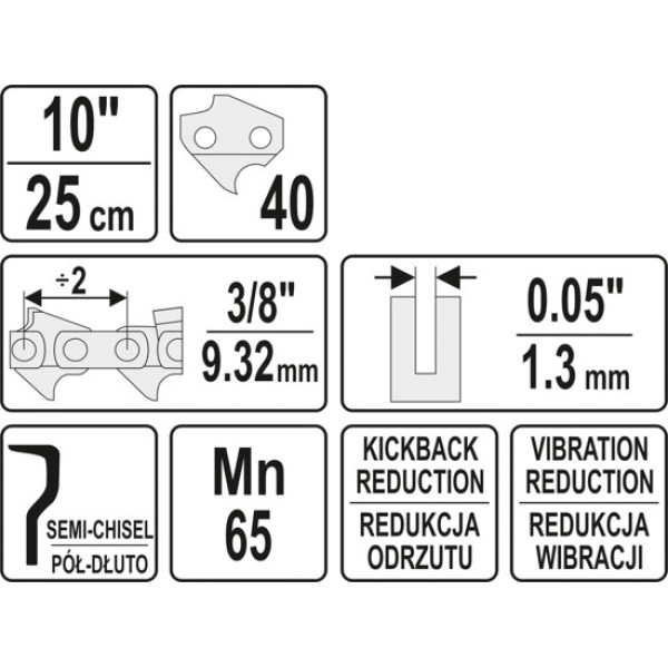 Різальний ланцюг YATO 10"/25 см (40 ланок) для ланцюгових пил із напрямною шиною YT-84925 YT-84948