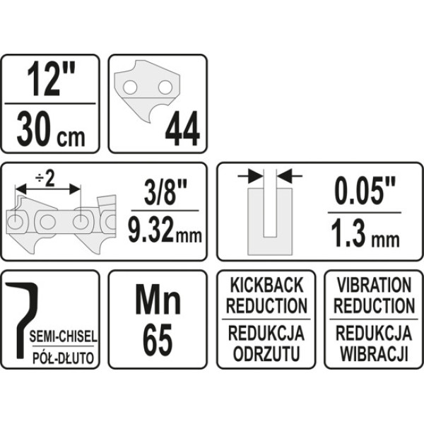 Різальний ланцюг YATO 12"/30 см (44 ланки) для ланцюгових пил із напрямною шиною YT-84927 YT-84949