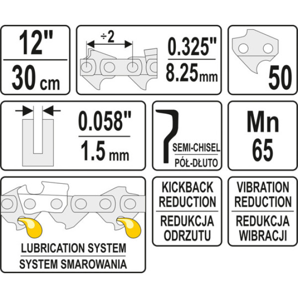 Різальний ланцюг YATO 12"/30 см (50 ланок) для ланцюгових пил із напрямною шиною YT-84928 YT-849395