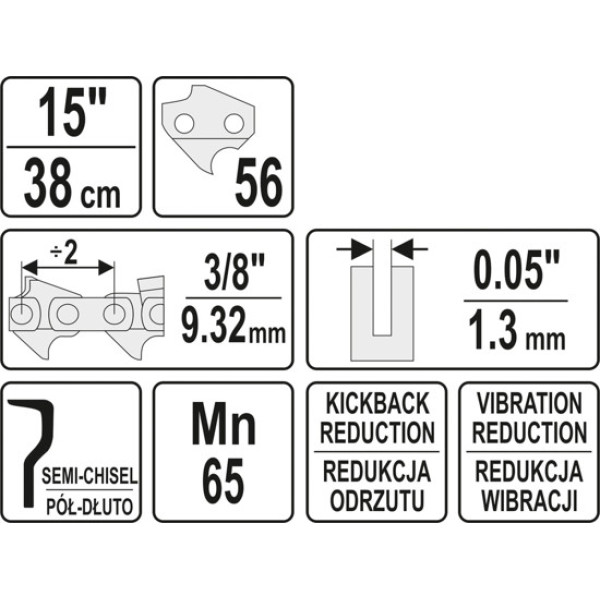 Різальний ланцюг YATO 15" 3/8" (56 ланок) для ланцюгових пил із напрямною шиною YT-849321 YT-84952