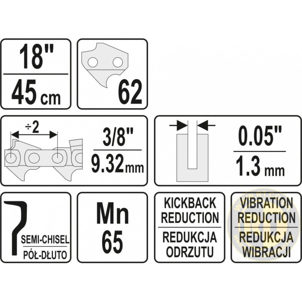 Різальний ланцюг YATO 18"/45 см (62 ланки) для ланцюгових пил із напрямною шиною YT-849355 YT-84956