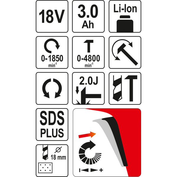 Перфоратор акумуляторний SDS+ YATO Li-Ion 18 В 3 А·год YT-82770