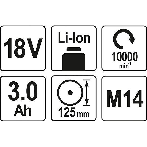 Шліфмашина кутова акумуляторна YATO 2 Li-Ion 18 В 3 А·год диск125 мм YT-82828