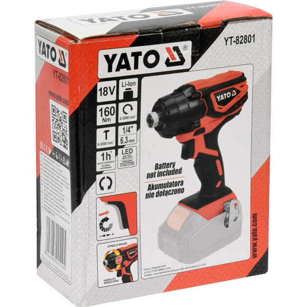 Шурупокрут ударний акумуляторний YATO 1/4" 18В 160 Нм без акумулятора YT-82801
