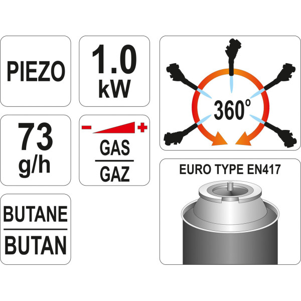 Газовая горелка  с пьезоподжигом YATO 360° 1кВт  1000°С YT-36710