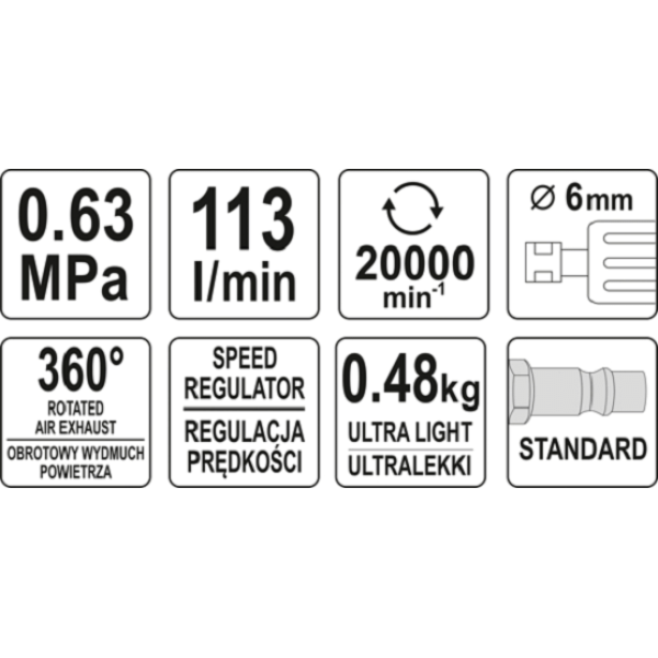 Шлифмашина пневматическая угловая YATO шпиндель 6мм 1/4" 6.3 Bar 113л/мин YT-09676