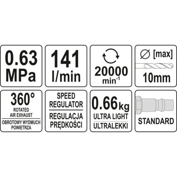 Дрель пневматическая прямая с самозажимным патроном ≤10 мм  1/4"  6.3 Bar 113 л/мин  YATO YT-09695