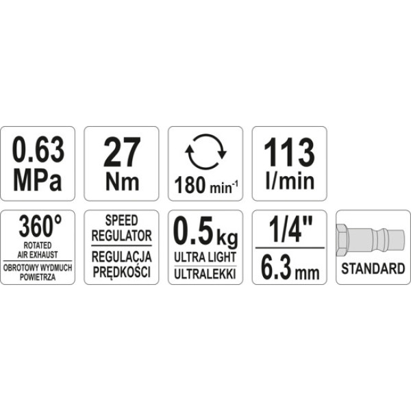 Трещотка пневматическая YATO квадрат 1/4"  27Нм 113л/мин  6.3Bar YT-09795