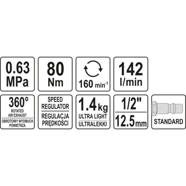 Трещотка пневматическая квадрат 1/2"  80 Нм 142 л/мин  6.3 Bar YT-09803