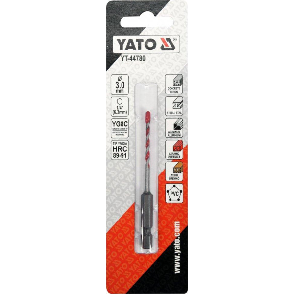Свердло універсальне YG6X HEX 1/4" YATO 3х85/30 мм YT-44780