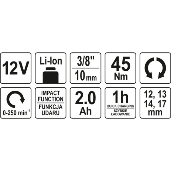 Тріскачка ударна акумуляторна YATO Li-Ion 12 В 2 А·год 3/8" 45 Нм + 4 торцеві головки YT-82902