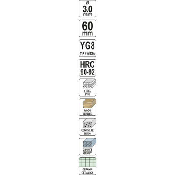 Свердло універсальне YG8 HRC 90-92 YATO 3х60мм YT-43940
