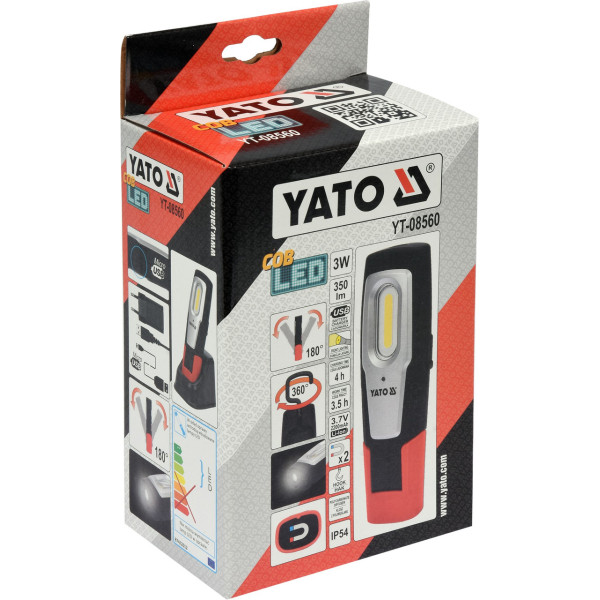 Фонарь светодиодный COB LED аккумуляторный YATO с магнитом и подвеской YT-08560