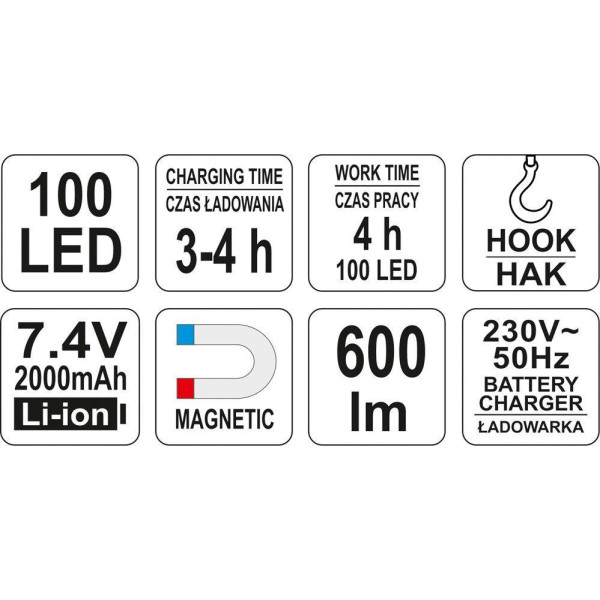 Лампа светодиодная аккумуляторная Li-Ion 7.4В 100 LED 600Лм YATO YT-08503