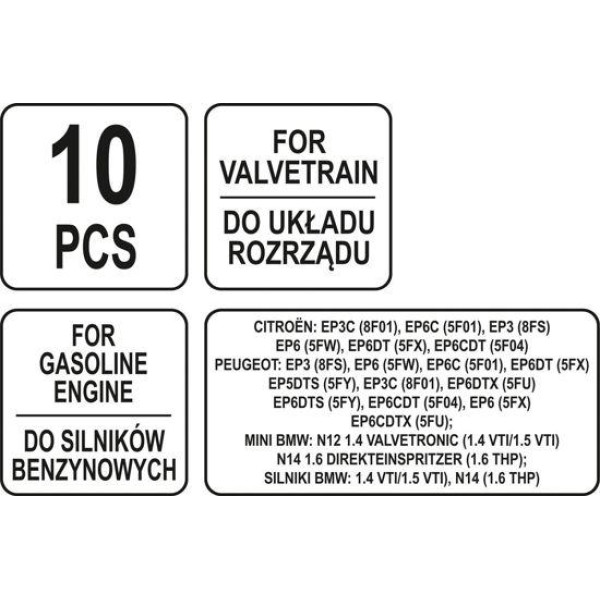 Набір для систем газорозподілу бензинового двигуна PSA/MINI YATO 10 ел. YT-06001