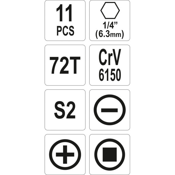 Набір викруткових насадок 1/4" PH SL SQ коротких з тріскачкою YATO, 11 од. YT-14390