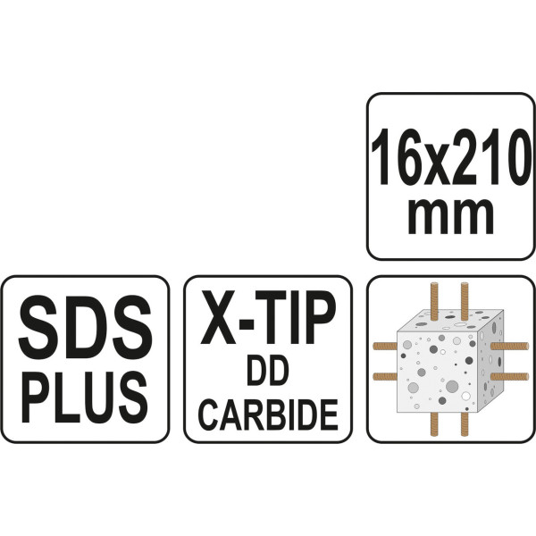 Свердло 16 мм по залізобетону SDS Plus Premium "Х"-тип 4 ріжучі кромки YATO довжина в асортименті YT-41948