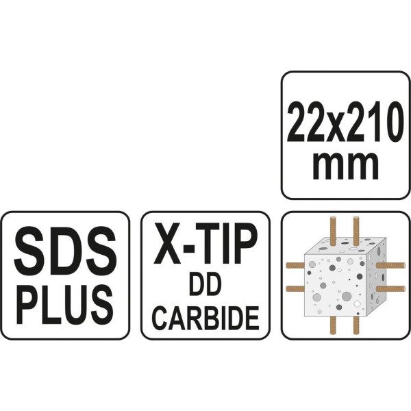 Свердло 22мм по залізобетону SDS+ Premium "Х"-тип 4 ріжучі кромки YATO довжина в асортименті YT-41950