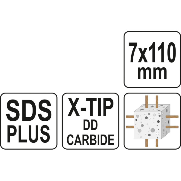 Свердло 7 мм по залізобетону SDS+ Premium "Х"-тип 4 ріжучі кромки YATO довжина в асортименті YT-41932