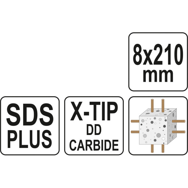 Свердло 8 мм по залізобетону SDS+ Premium "Х"-тип 4 ріжучі кромки YATO довжина в асортименті YT-41933
