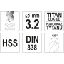 Свердло для металу з титановим покриттям YATO 3.2х65/36мм YT-44637