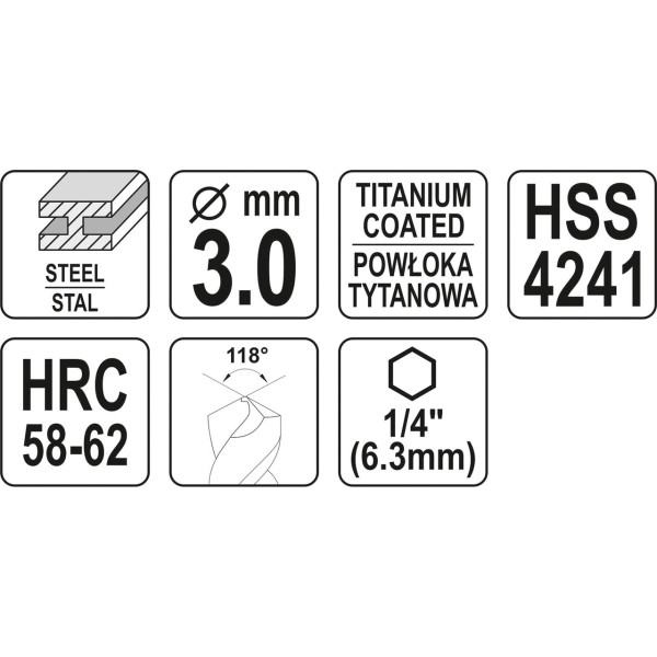 Свердло для металу фрезерувальне 3 х 70/35 мм HEX 1/4" YATO YT-44820 YT-44820