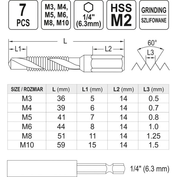 Набір свердел-метчиків М3-М10 HEX-1/4" з подовжувачем 60 мм YATO 7 передм. YT-44849