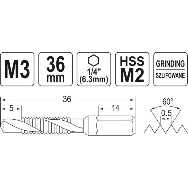 Позначник комбінований М3х0.5мм HEX1/4" YATO 36/5мм YT-44840
