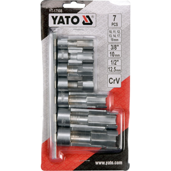Головки торцевые открытые для лямбда-зондов и датчиков YATO 3/8" и 1/2" М10-19 7шт. YT-17508