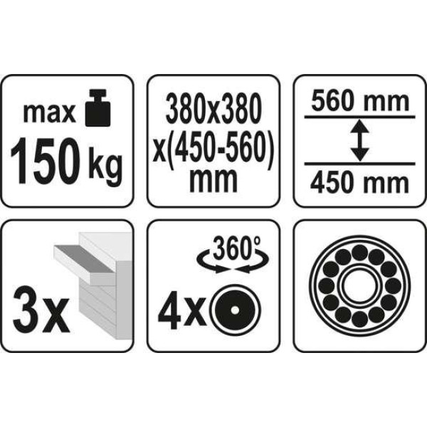 Табурет на колесах з 3 ящиками YATO 380х380х450-560 мм YT-08795