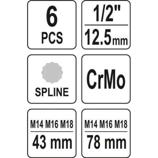 Набір ударних викруткових насадок 1/2" SPLINE M14/M16/M18 YATO, 6 шт. YT-10652