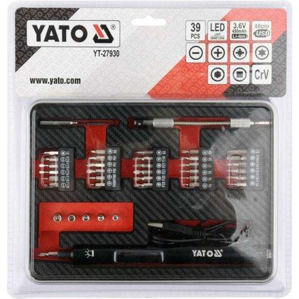 Отвертка аккумуляторная 1/4" с набором бит YATO, 39шт. в кейсе YT-27930