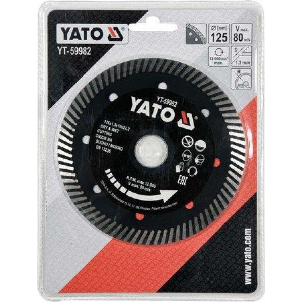 Диск отрезной алмазный 125х1.3х22.2 по гресу и керамике "TURBO" YATO в мокром/сухом режиме YT-59982