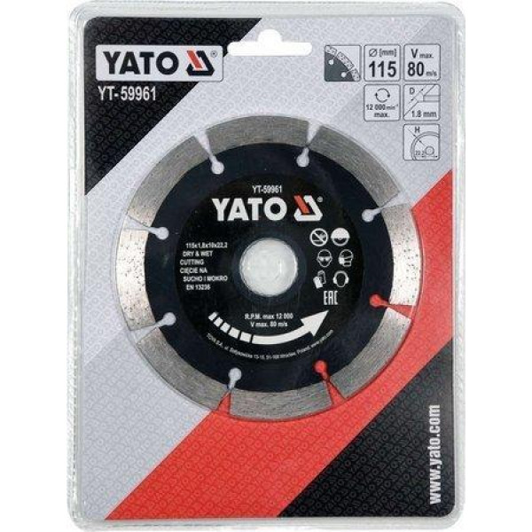 Диск алмазный сегментированный 115x22.2x1.8 по камню/бетону YATO в мокром/сухом режиме YT-59961