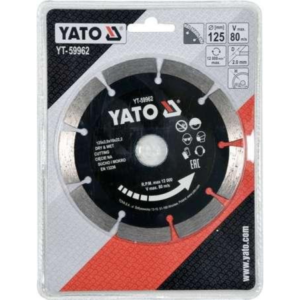 Диск отрезной алмазный 125x2x22.2 по камню/бетону YATO в мокром/сухом режиме YT-59962