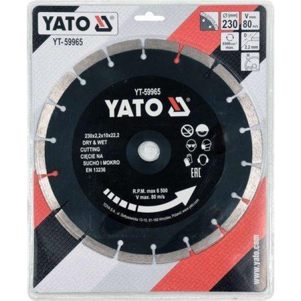 Диск алмазный сегментированный 230x2.2x22.2мм по камню/бетону YATO в мокром/сухом режиме YT-59965