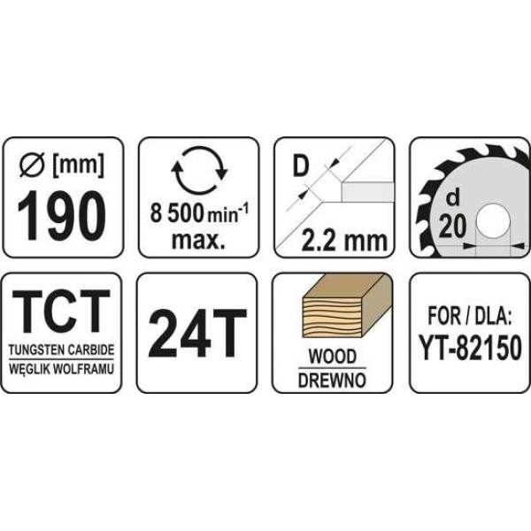 Диск пильный по дереву победитовый YATO 190х20x2.2x1.5мм 24Т YT-60634