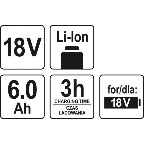 Акумулятор Li-Ion 18 В 6 A·год YATO час заряджання 3 год YT-82845 YT-82845