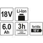 Акумулятор Li-Ion 18 В 6 A·год YATO час заряджання 3 год YT-82845 YT-82845