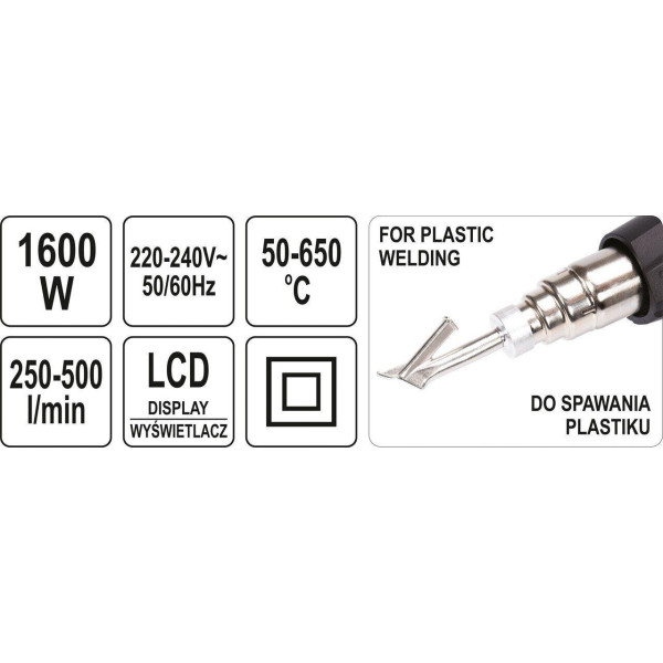 Фен технічний мережевий з LCD-дисплеєм YATO 1.6 кВт 50-650 oC YT-82296