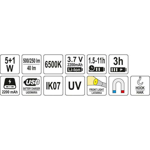 Лампа світлодіодна акумуляторна YATO Li-Ion 3.7 2.2 Ач 3 режиму YT-08517